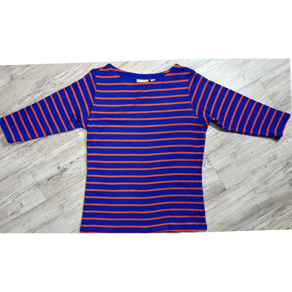 LL Bean Womens Striped Ribbed Cotton Top Blue Orange Boatneck 3/4 Sleeve 254980